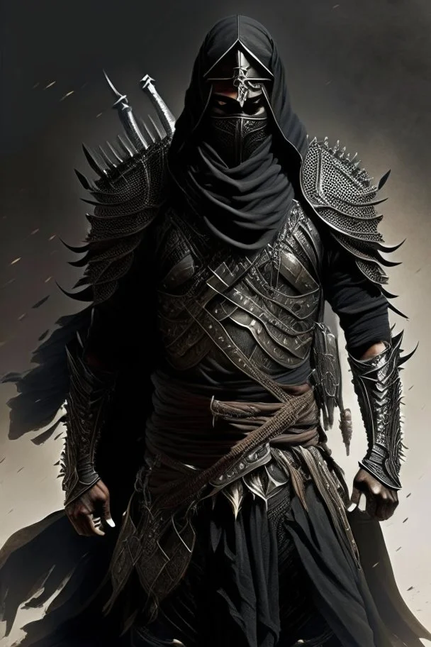 Arab warrior Full Body Full Armored Wearing Face Masculine Mysterious Powerful Fantasy High Quality with his bow black clothes his soldiers behind him