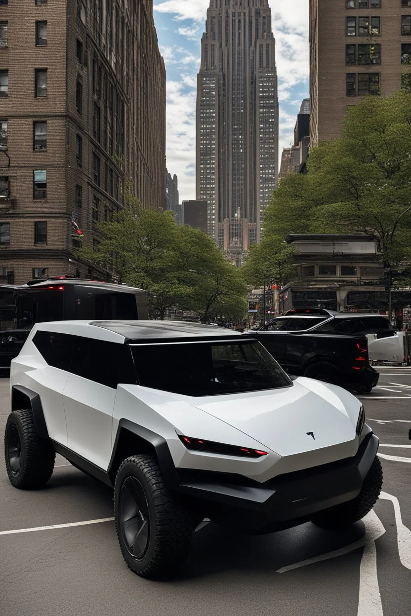 A Tesla's 'Cybertruck' is parked, near the "Empire State Building' in New York. CINEMATIC. WIDE ANGLE LENS. PHOTO REAL.