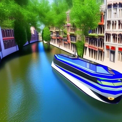 Beautiful crystal boat in narrow canal filmed from hi tech drone, light field, 8K, 3D