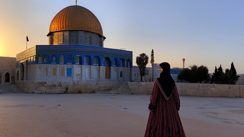 A Palestinian woman wearing an embroidered dress with the Dome of the Rock in front of her during sunset in winter.