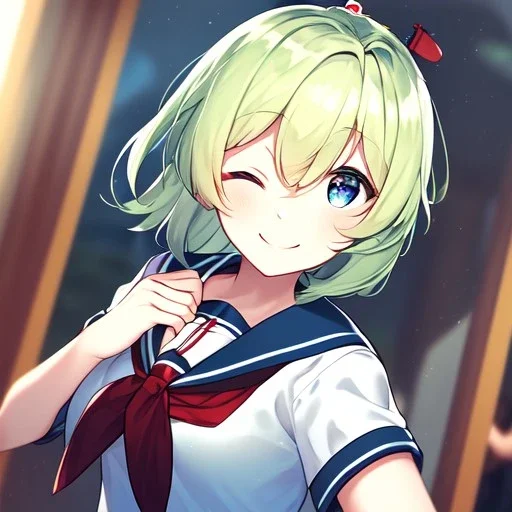 Clear focus, High resolution, short light green hair, blue eyes, wearing a sailor uniform, red tie, wearing a sailor skirt, eyes closed, smiling, 1girl, spiky hair, not alot of hair on the side of her head