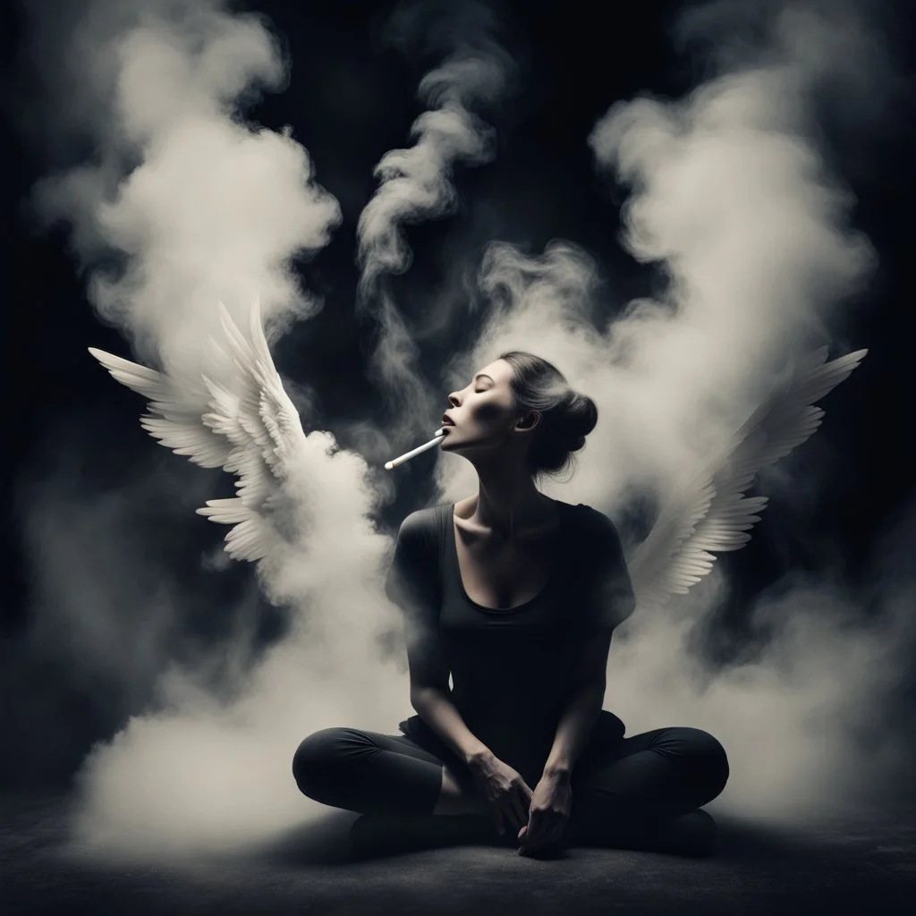 woman sitting forward Her face upward and blows cigarette smoke from their mouth upward. a figure with wings emerging from its back. behind the clouds of smoke look death. dark and mysterious