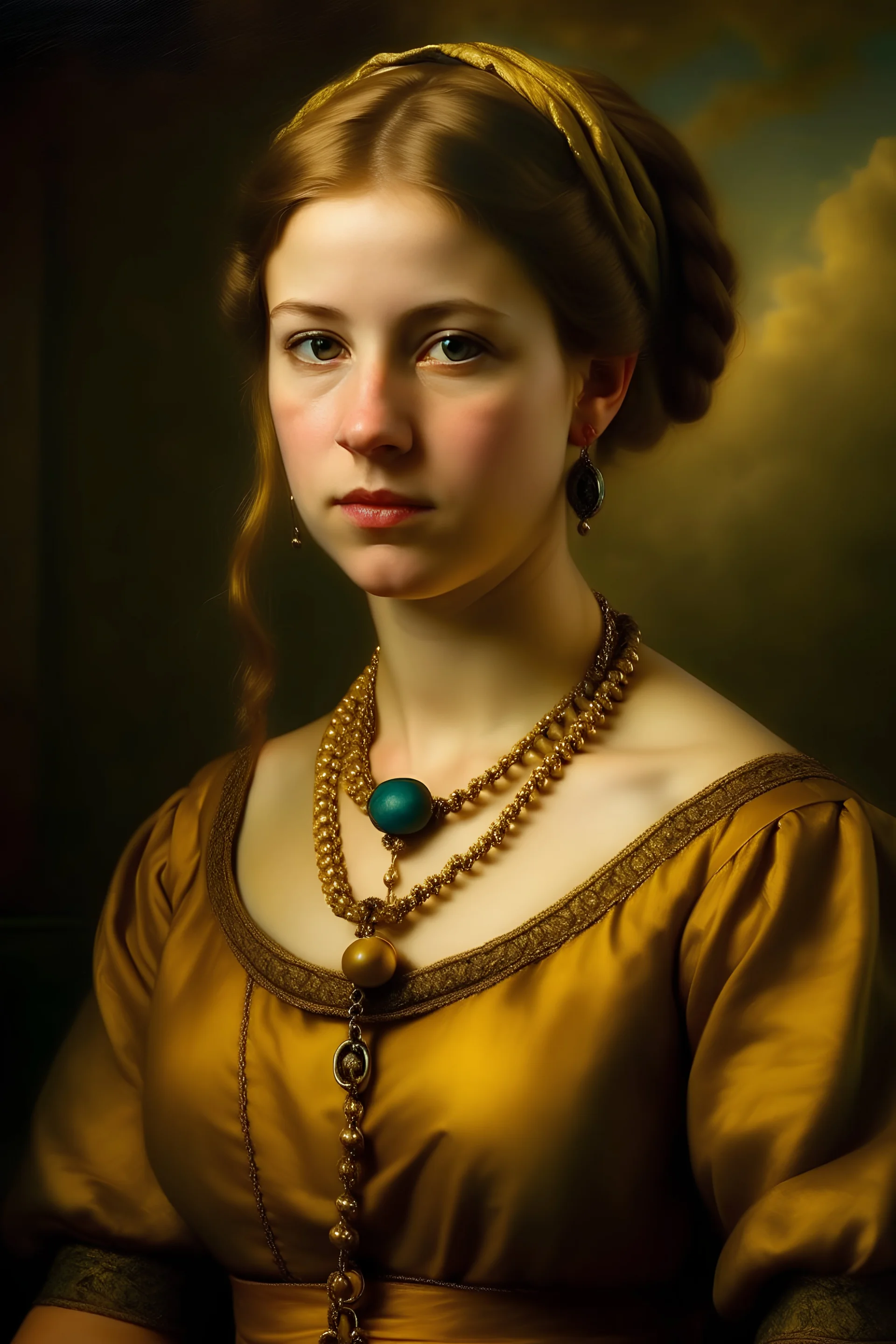 Old renaissance oil portrait of a young woman with a golden necklace with a small golden padlock on it. Typical Renaissance portrait background with a natural panorama for background.