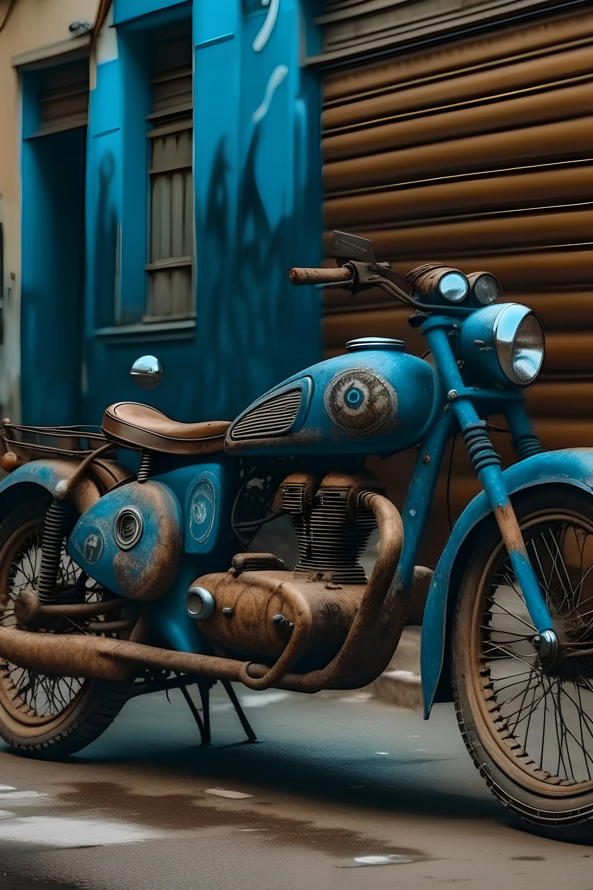 Auto de dos ruedas pintado de marrón y azul con una mujer