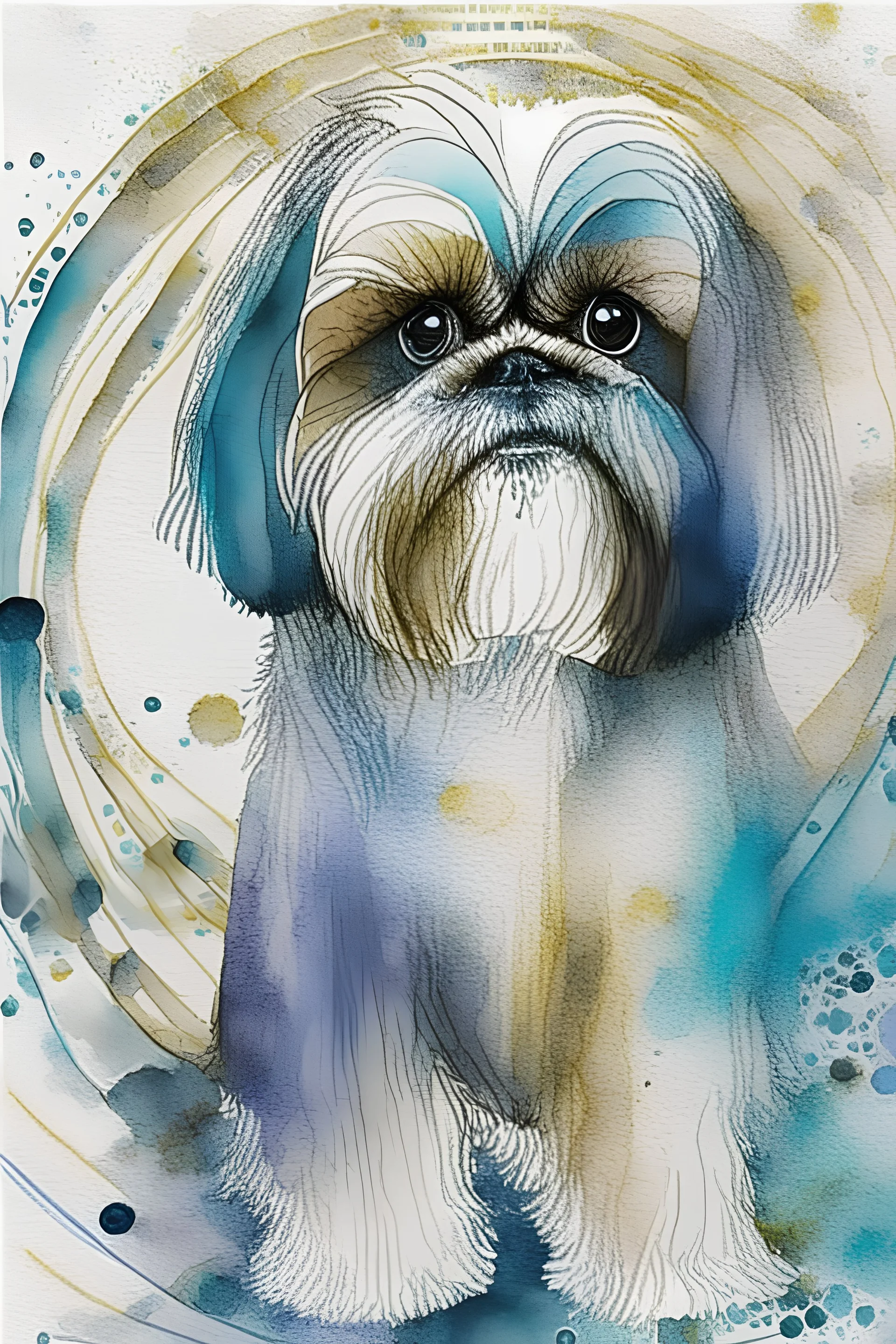 Abstract wet watercolour of a Shih tzu ink lines, interlinked circles,detailed focus on eyes