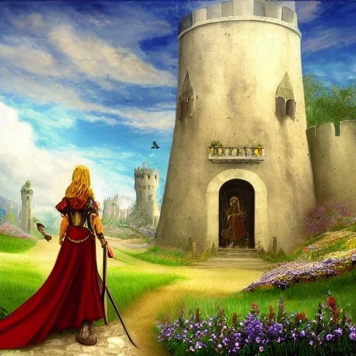 Epic Castle into sky, with flowers of fyre. Huge clouds and birds. Shy girl going out of the main gate. Detailed painting, sharp color, medieval, intricate detail, far sceen, realistic colors, medieval concept art. spring.