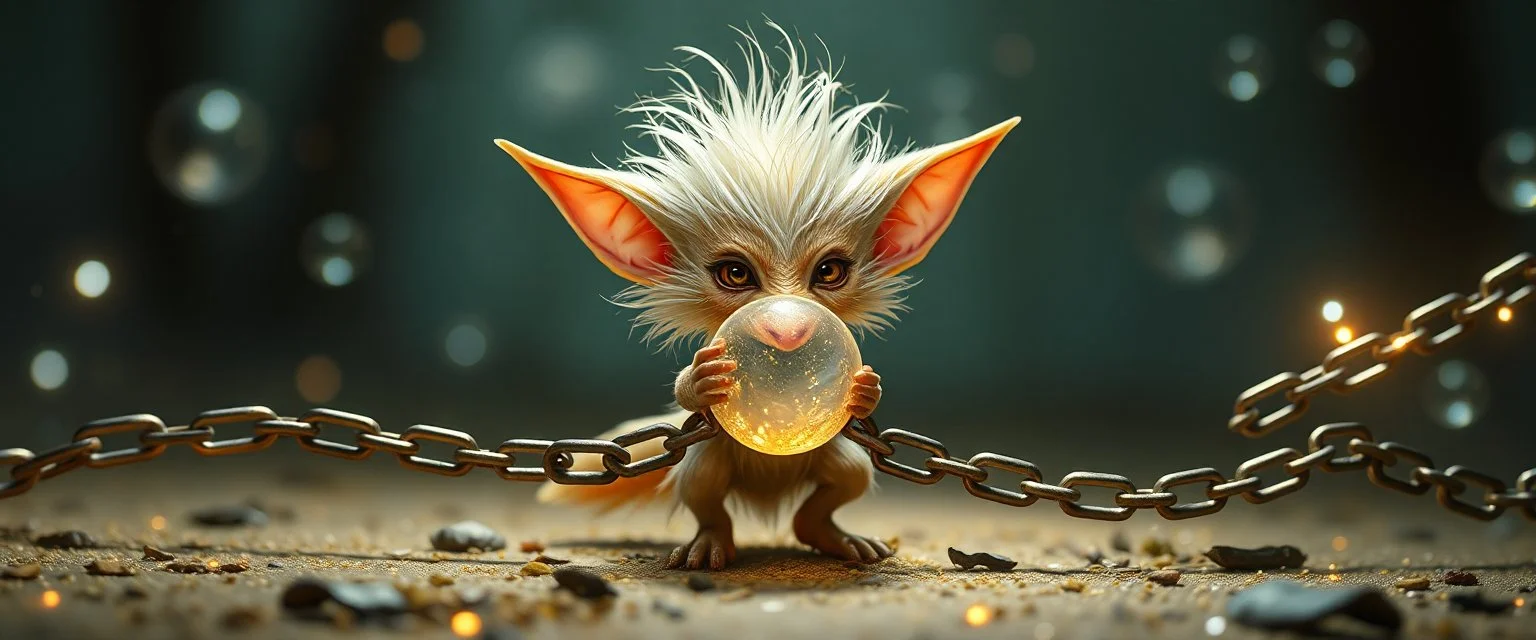 glorious transparent transcendent cute hairy gremlin elf fairy fox holding ball in chain, built as bubble wrap art