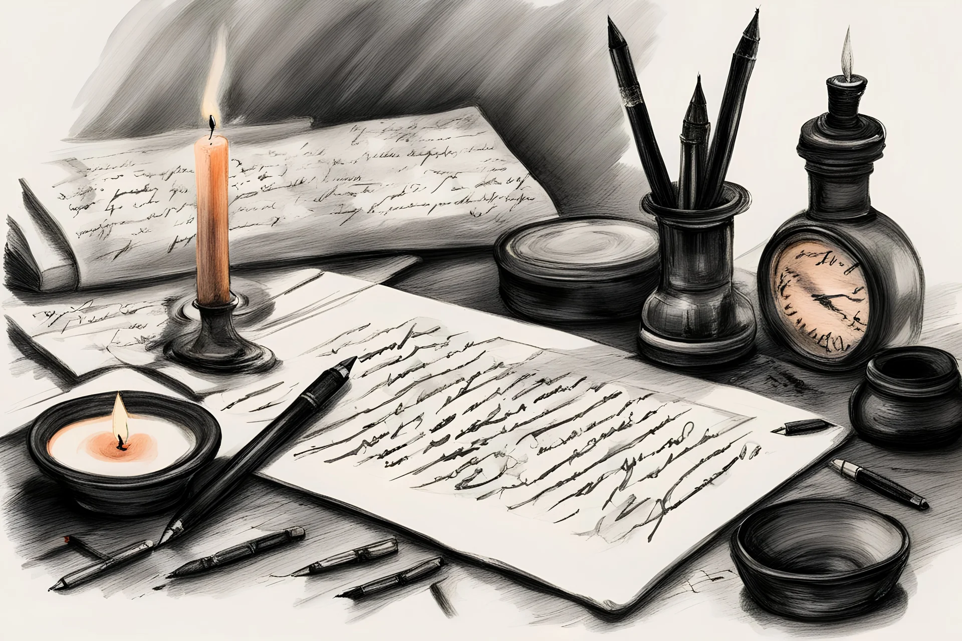 A hand writing a nostalgic letter, pens, an inkwell and a candle, a picture in shades of black, painted with crayon, high quality details