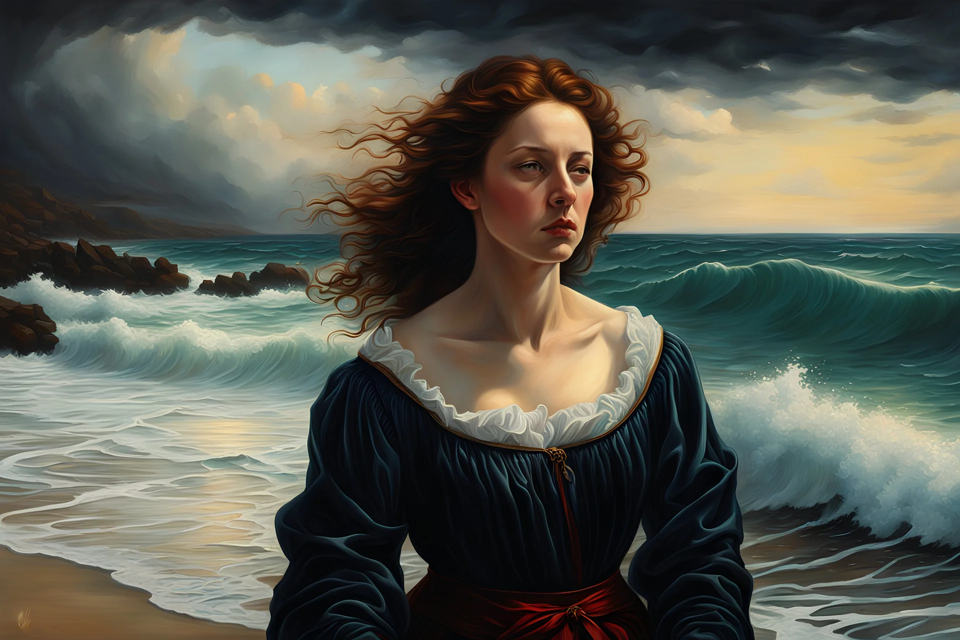 create a classical-abstract-realist fantasy portrait painting of a lonely distraught woman with highly defined facial features, walking on the shore of a tempestuous sea in the style of Donato Giancola, Hans Memling, Titian, and Caravaggio, 8k, highly detailed, otherworldly and fantastic