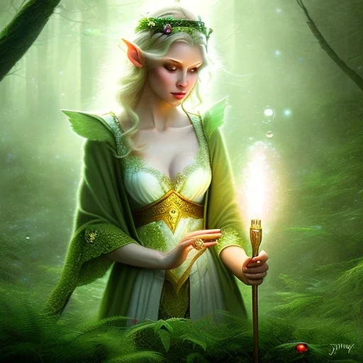 romantic fantasy spray painting, portrait of cute green eyed blonde robed elf poet with halo sitting in huge marble , bubbles, tossing torch in magical forest, foliage frame, magic wand