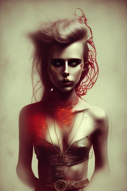 Danish singer MØ face,Abstract steampunk, red tones,