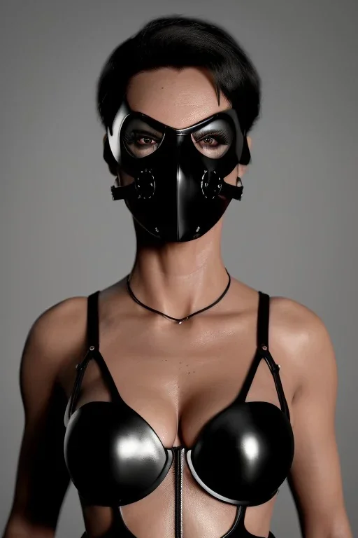 executioner in black leather, mature woman, skintight eye mask, busty, cleavage, evil, angry, steam punk, 8k,dark, bdsm