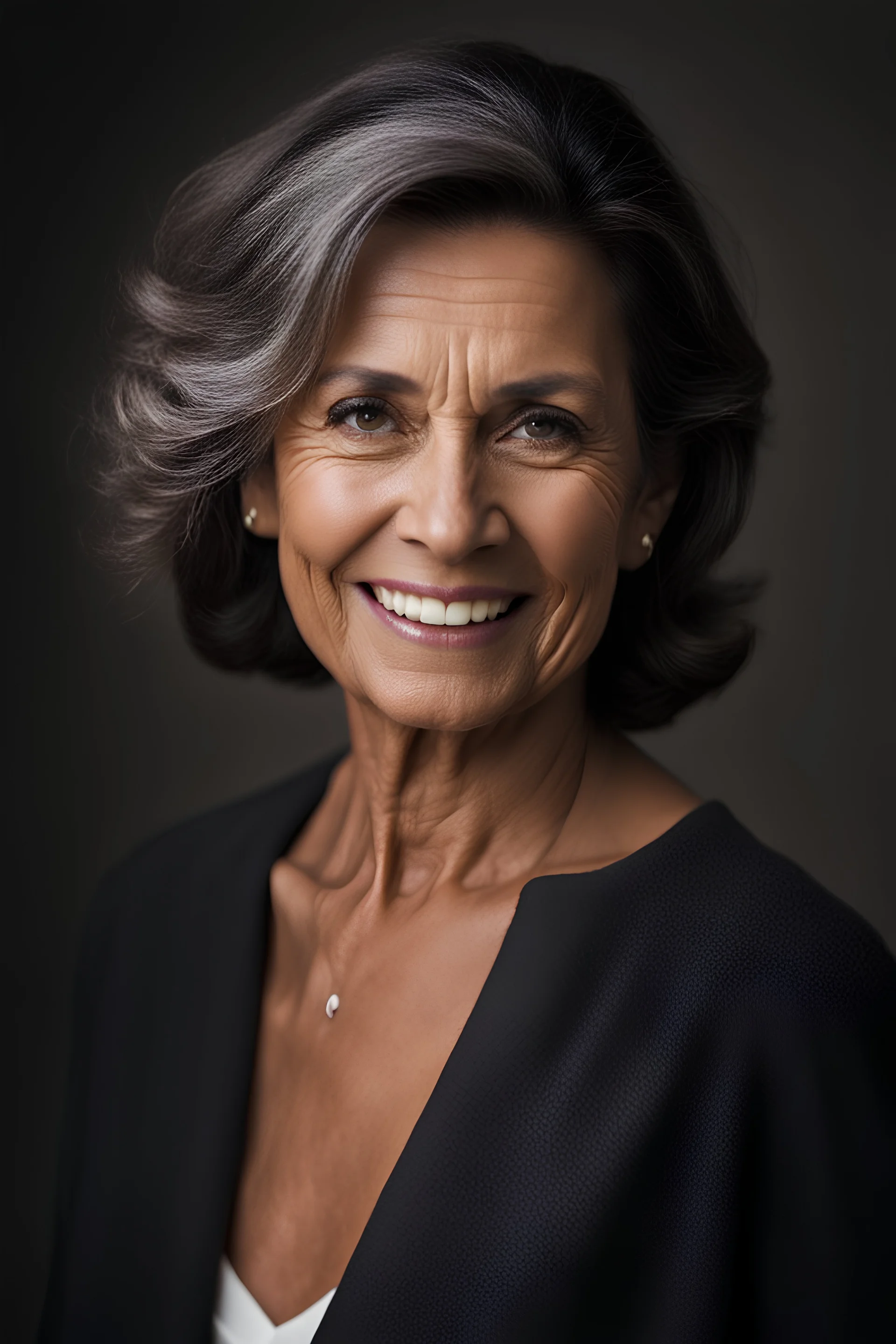 Portrait of a 60 year old Olive skinned woman, dark hair with hints of grey tied back, happy expression