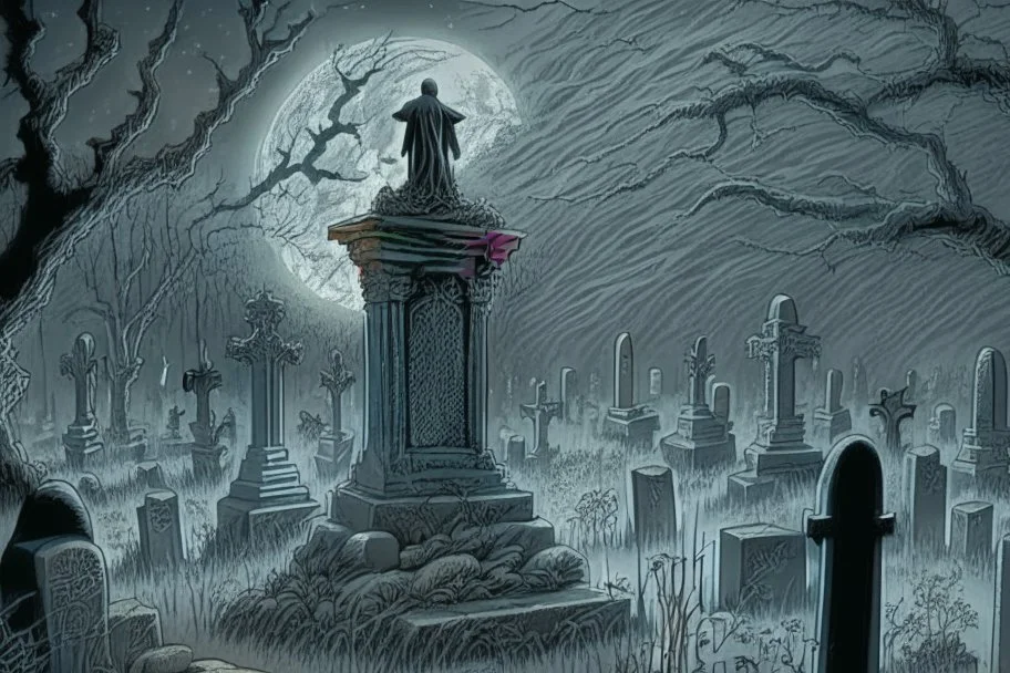 Cemetery with a ghostly figure looming over the scene, hauntingly beautiful, intricately detailed, monochromatic color scheme, dark and ominous