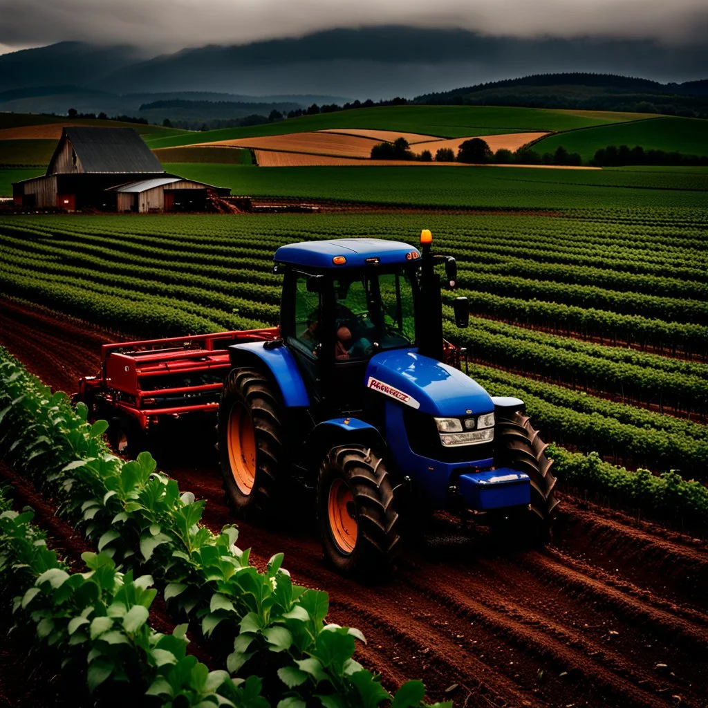 A farmer wearing denim overalls and wearing black rubber boots is plowing an agricultural field with a tractor, in the background hills of vineyards, a forest and a large barn, cloudy sky, lunch time, outdoor shot, cinematic, 12K, 1024X1026 pixelowers,types of flowers with name