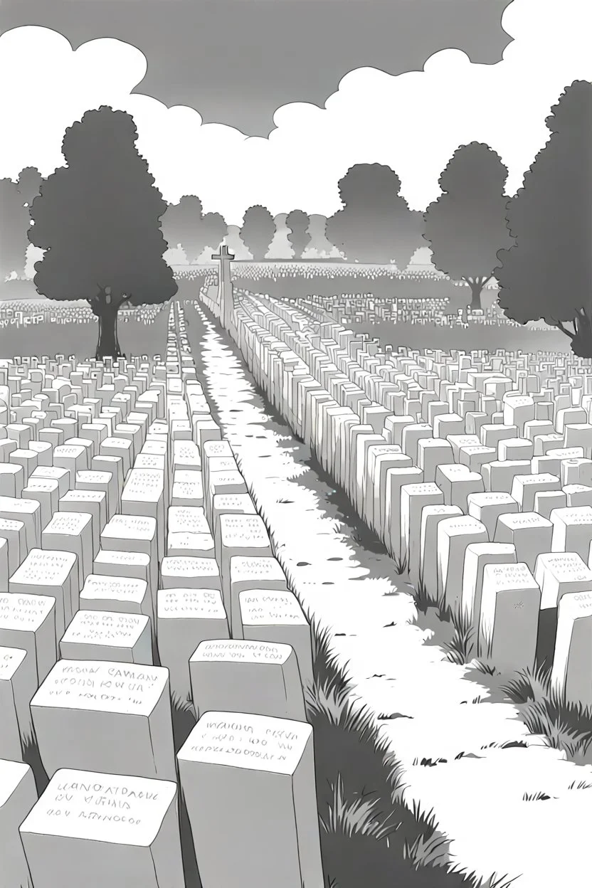 landscape, open air flat cemetery with thousand gravestones, high detail, manga style, grayscale