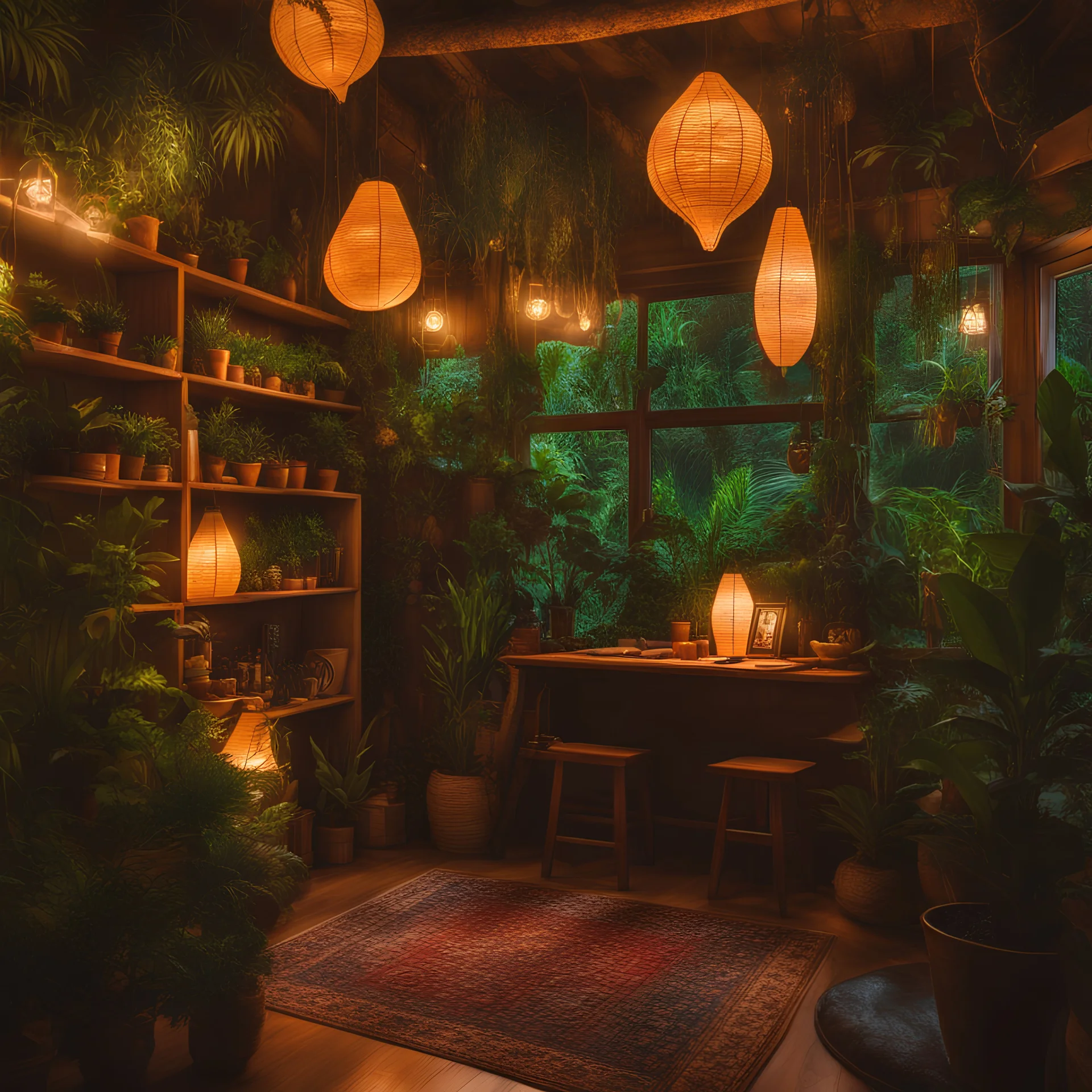 A cozy, comfortable and quaint jungle room, with lots of tropical plants. There are plants hanging from the ceiling, plants on shelves and plants on the floor. There'a a comfortable place to sit and a small table. There is salt rock lamps and twinkling lights dangling around. There are some windows and the lighting is warm and calming