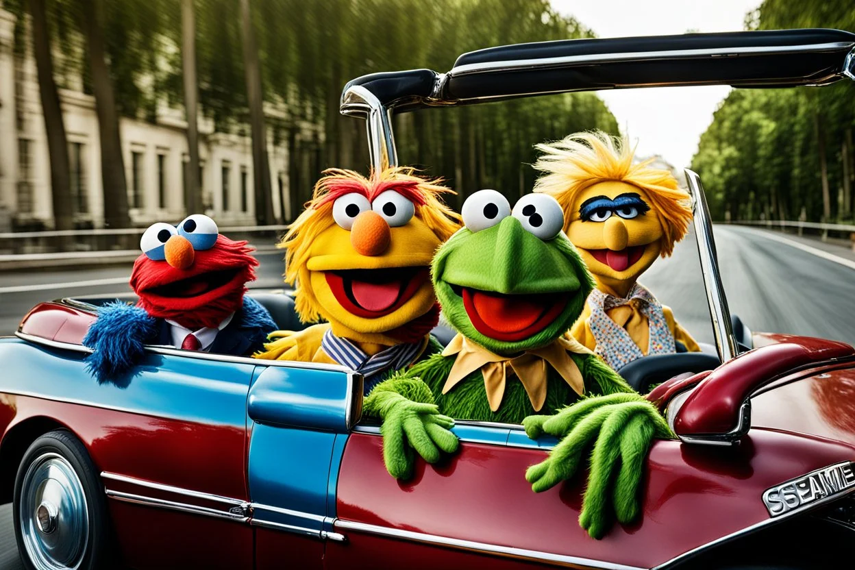 World Class Photograph of 3 Sesame Street muppets sitting in a convertible car and smiling on their road trip - one is Kermit the Frog, one is Cookie Monster, and one Looks exactly like Donald Trump