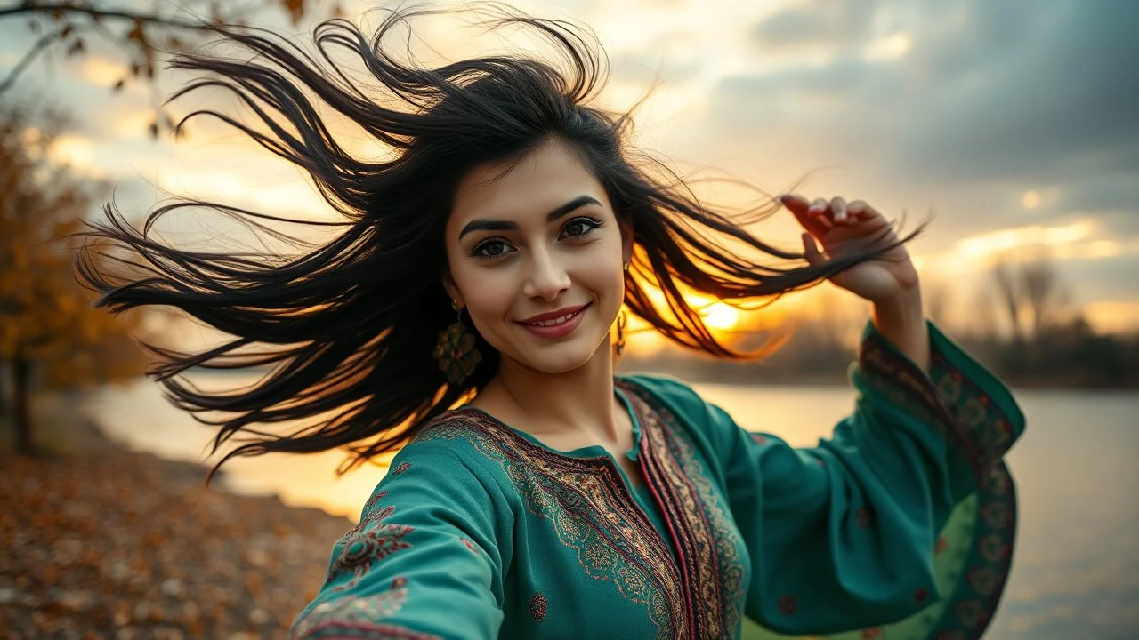 Hyper Realistic Photographic Close Shot View of a Beautiful Young Pashto Woman in with beautiful eyes, long black hair whirling in air, wearing a (sea-green Colored) cultural Pashto Attire happily dancing on the Riverside at autumn weather with dry orange leaves falling from trees & breathtaking beautiful cloudy sunset showing dramatic & cinematic Ambiance.