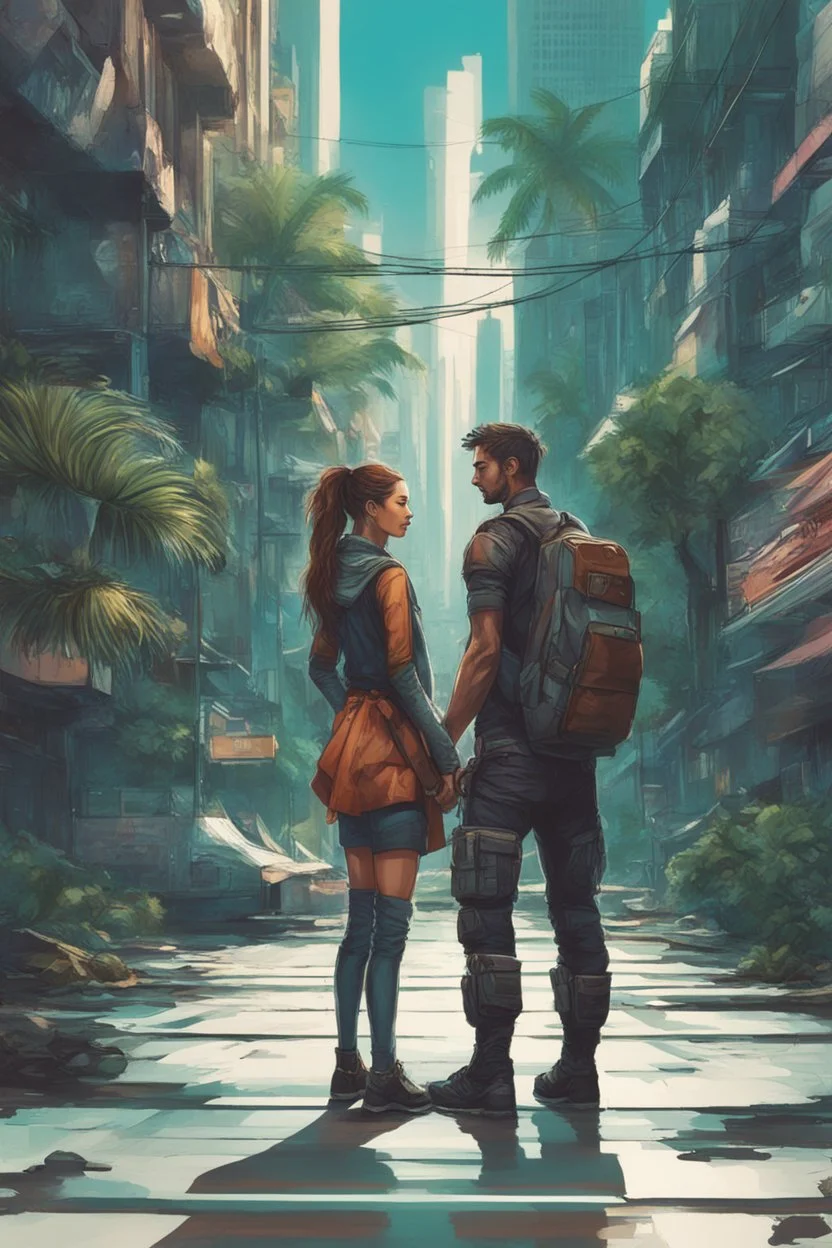 Science fiction, cyberpunk, city street, couple girl and guy, together, love at first sight, forbidden love, facing forward, tropical, lush