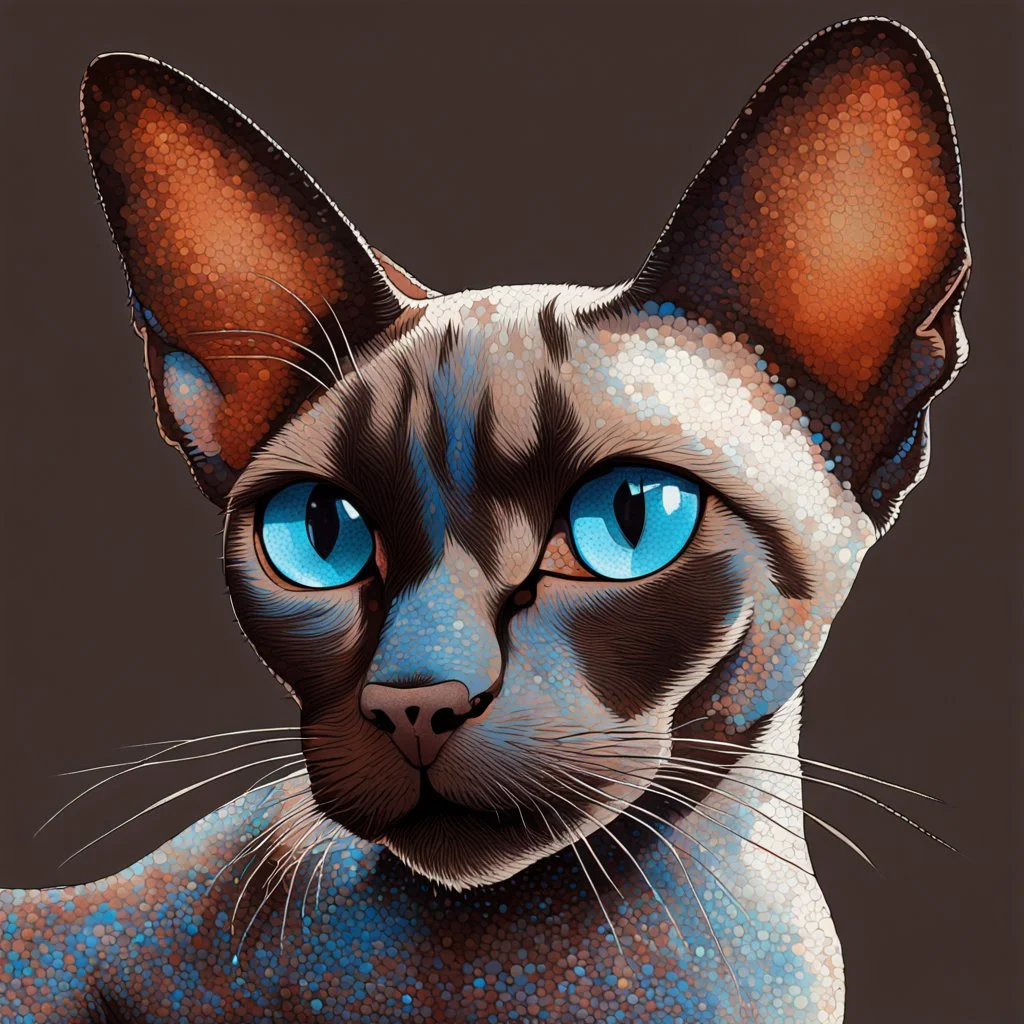 beautiful blue eyed, tall ,long legged, slender, elegant, sophisticated, sphynx-like chocolate point siamese cat expressionism pointillism style