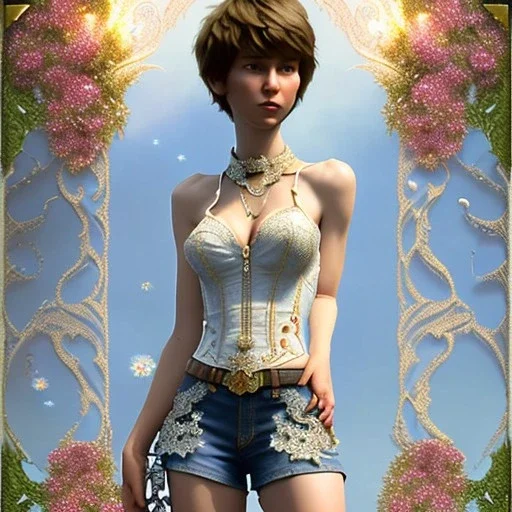 realistic photo 33-year-old delicate graceful damsel pixie Russian boyish boylike damsel short male hairstyle short brown hair shorthair boy's face womans beautiful cleavage in women's lace ripped jeans with a lace mesh with a girlish flowers pattern and a strap with girlish buckle with rhinestones that fit wide hips high heels with a very thin waist and big ass with a lady's fashion handbag in the new year girls party