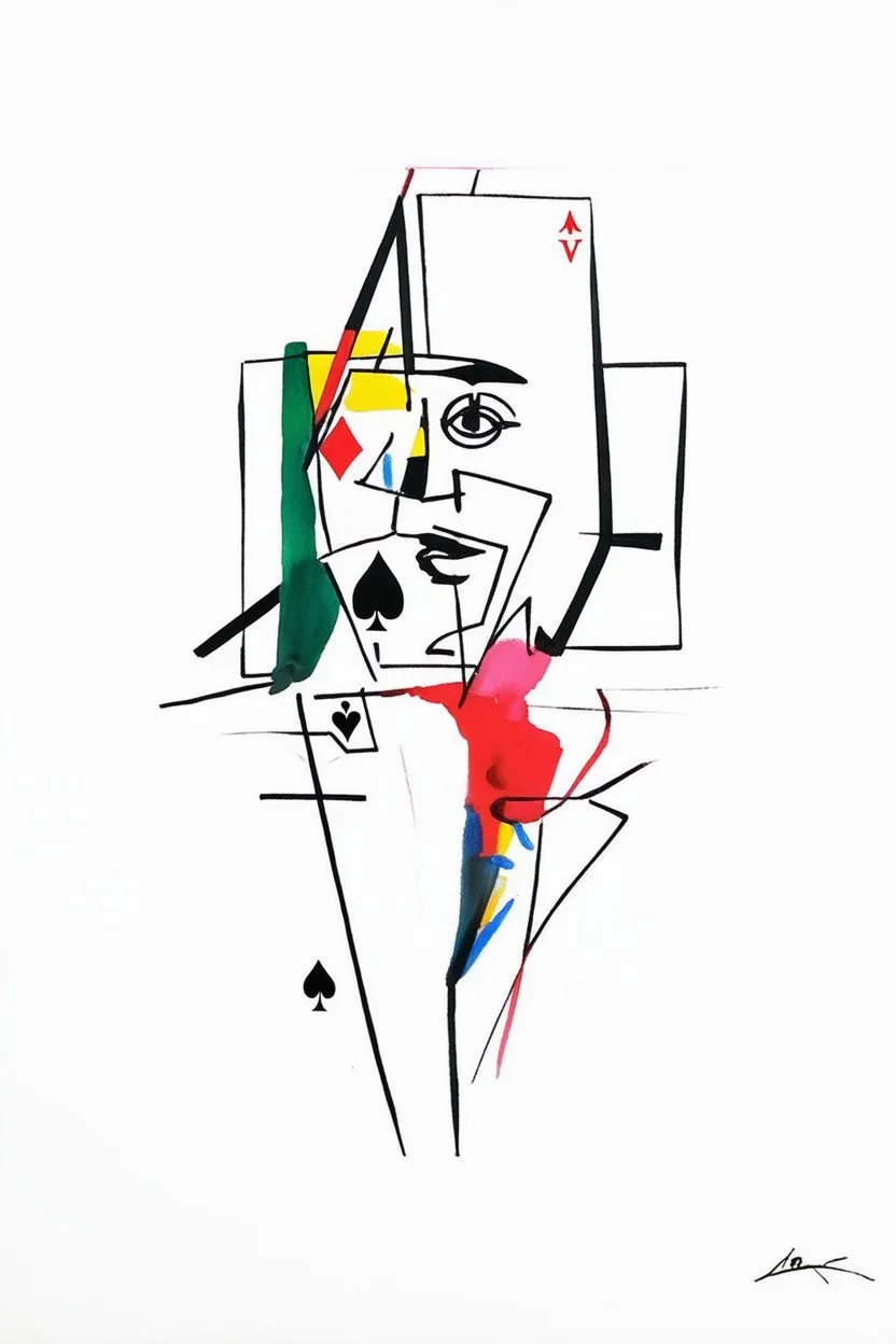 Reprezentare grafica minimal art a unei compozitii de arta moderna figurativa reprezentand "jucatorul de carti" cu multe detalii, formalizata dupa modelul mixat a lui Dali cu Picasso în stilul combinat acuarelei moale a lui Joan Miro si cu filigran lineart minimal a lui Jean Cocteau cu Paleta de culori impresionista cu culori putine si tari. Fond alb si linii color subtiri si paralele cu umbre de hasuri