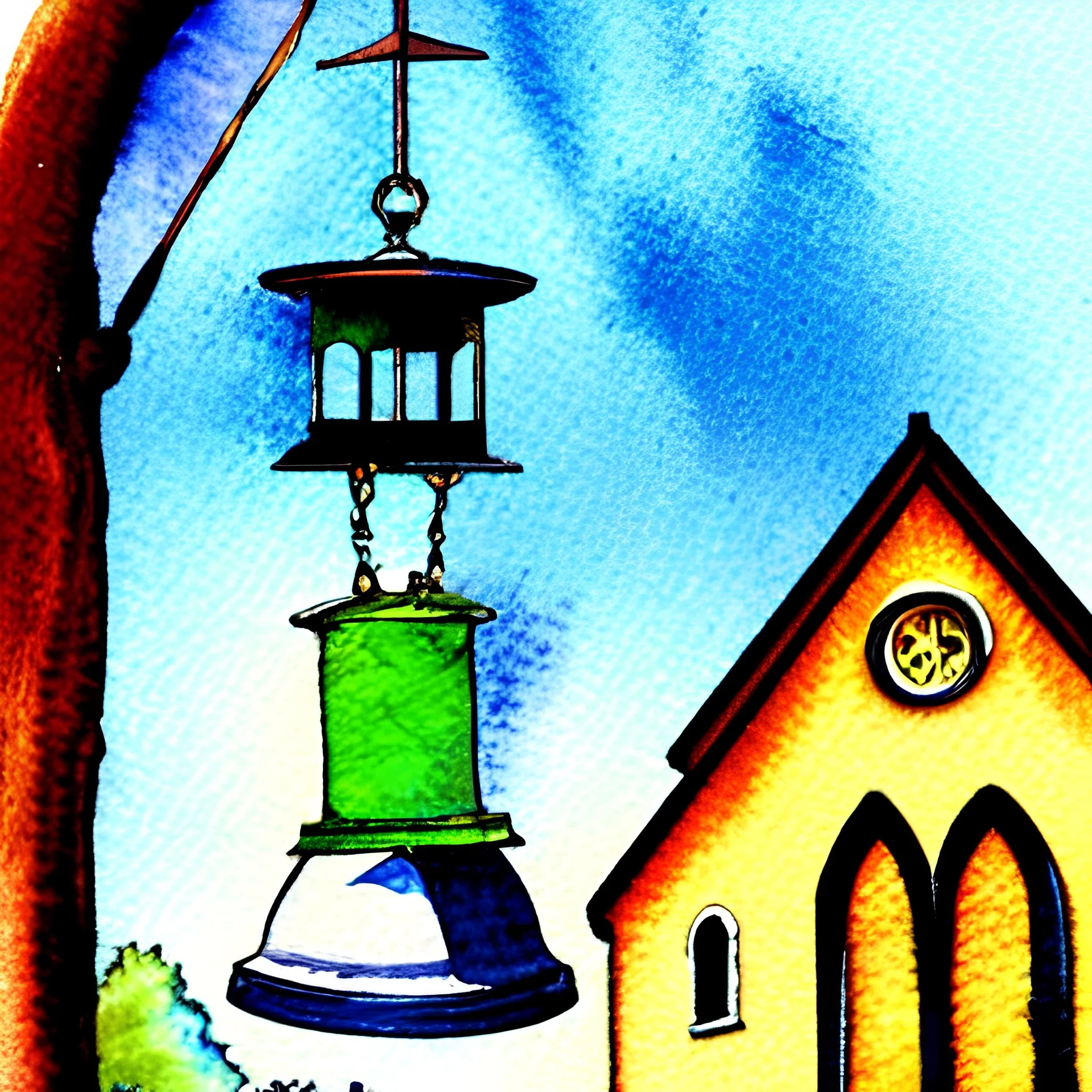 8 k, water color, cartoon, high definition, old church bell,