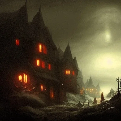 dark village in canada a storm is coming , ambient lighting, horror art, in the style of greg rutkowski,