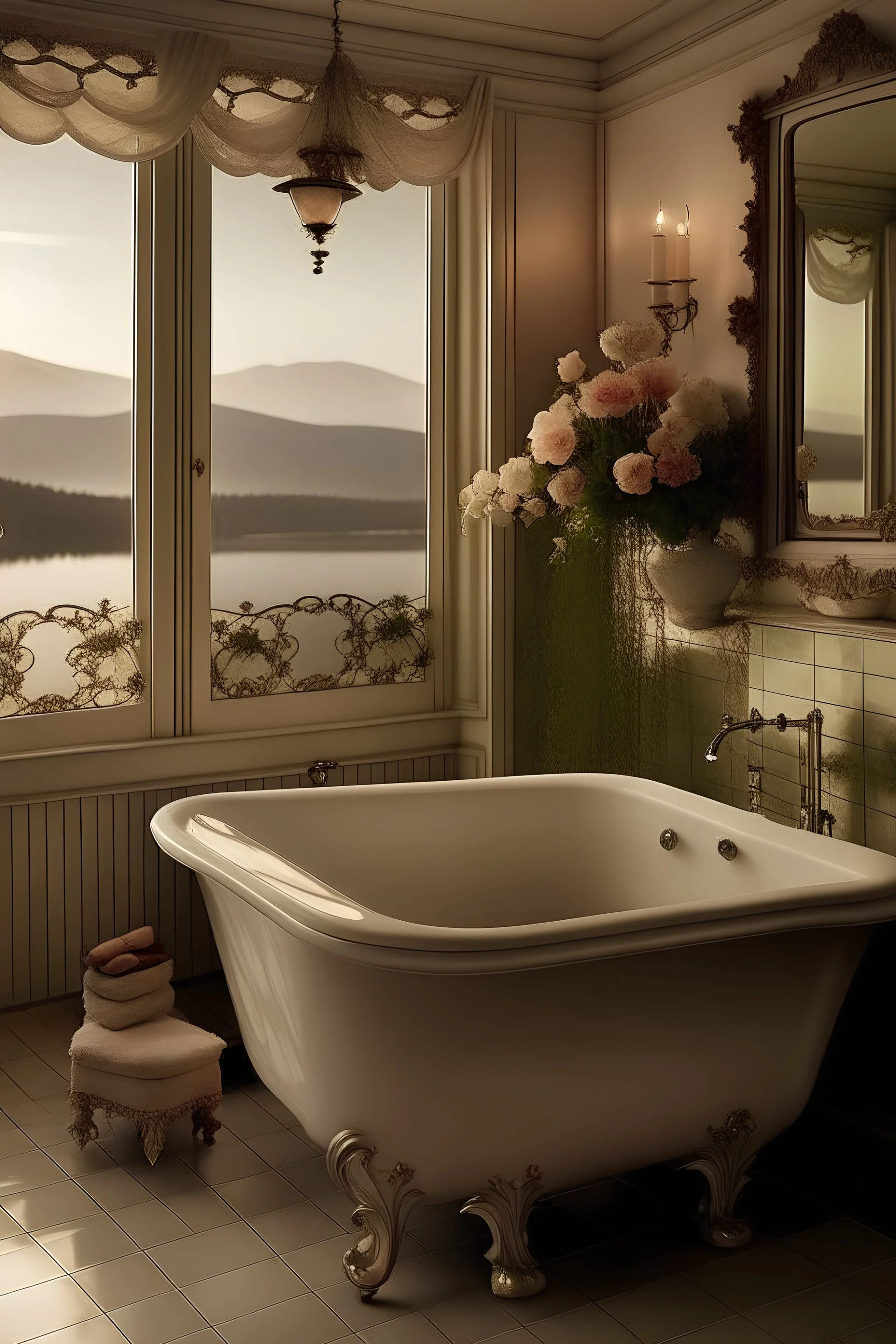 A vintage bathroom with a romantic mood and a view.