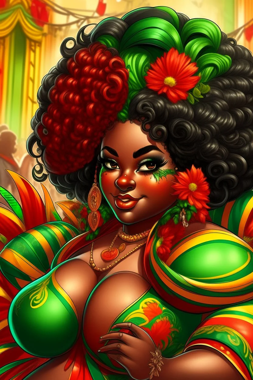 Create a digital airbrush cartoon of a plus size African American female wearing carnival outfit that's red, black and green. Prominent make up with hazel eyes. Highly detailed very long extremely curly black hair. Her skin is smooth and silky. Background of a judge full of colorful flowers