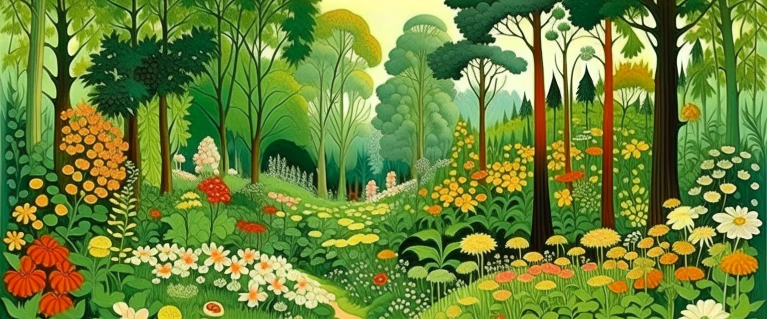 A green forest with beautiful flowers painted by Edward Hicks