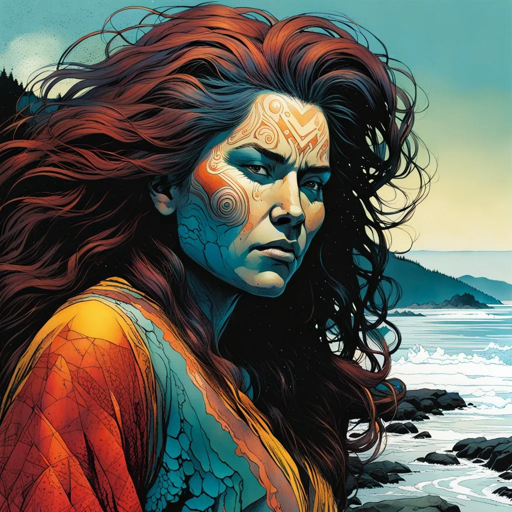 create a closeup full body print illustration of a female Salish shaman with highly detailed hair and feminine facial features, along the rocky shore of Vancouver Island , in the comic book art style of Bill Sienkiewicz, Mike Mignola, Sparth, Maxfield Parrish, and Jean Giraud Moebius, finely textured, drawn, colored, and inked, suffused with dramatic natural light, chiaroscuro