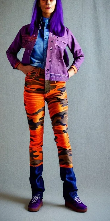 Model, woman. sérigraphie on denim with orange,terracotta, cream and purple colors. Camouflage patterns are screen printed on denim. Woman in her 30's. thick thighs, thick calves, flat belly, wide hip. Mantle made of recycled Denim by sewing. Sewed camouflage patterns together. It is with big bright purple felt tippet and cream-colored-hood. mantle is merged with satchel. . AKG-style headphones (gold rings!) is merged with small felt cap with small visor. Style: Haute Couture in 1990's