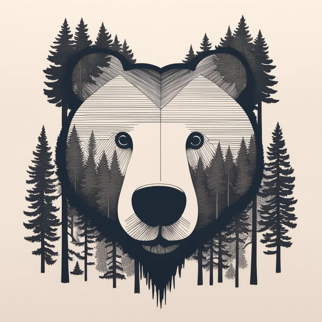 M shaped bear head combined with lots of woods silhouette in background, letterpress style, minimalistic pencil art