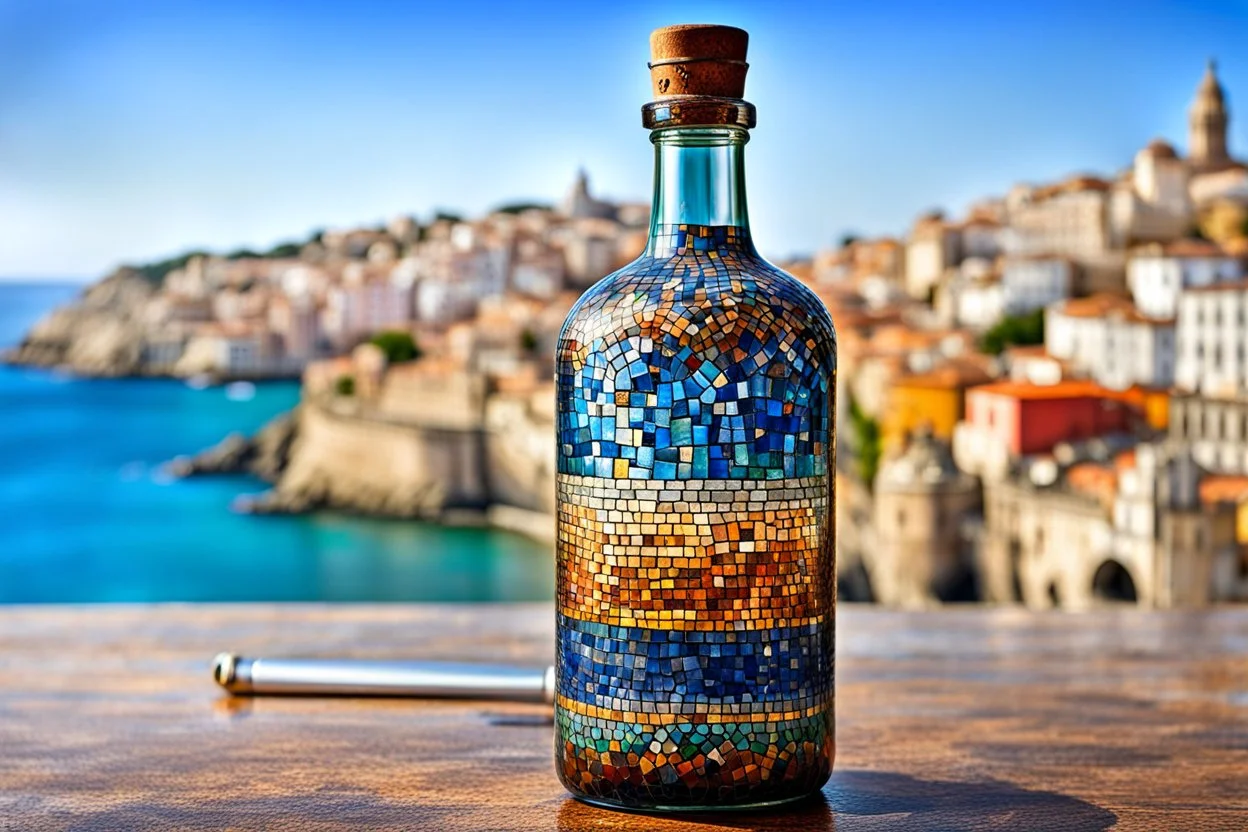 bottle art, ((stepwise colours mosaic texture)) on tall glass bottle painted, stunning , high detailed, sharp focus, in background a mediterrane landscape, old city, photorealistic Professional photography, bokeh, natural lighting, canon lens, shot on dslr 64 megapixels sharp focus