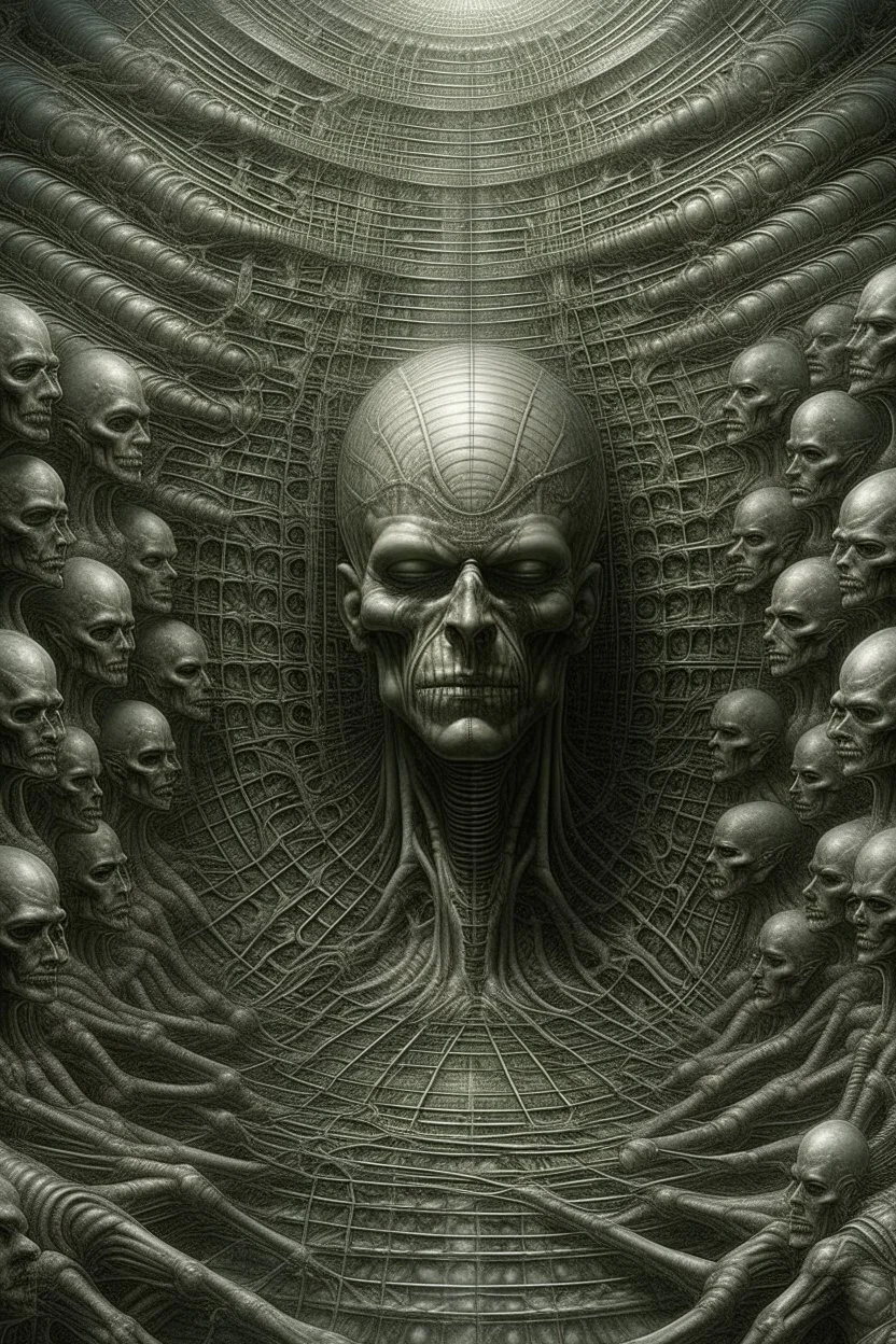 A field of thousands hands and heads inside a human cell , a thin line draw ،front view camera, surreal horror, biomechanical design, by hr giger and beksinski , Busch painting style