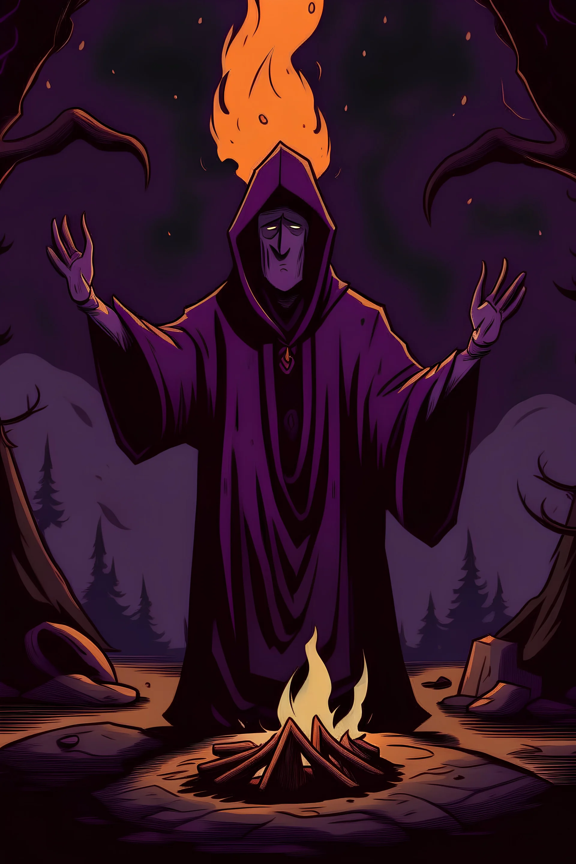 A hooded, dark purple robe wearing, cult member looking at the camera with both his arms raised equally in communal prayer standing behind a campfire in cartoon