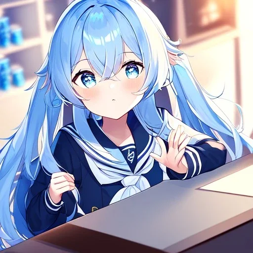 Clear focus, High resolution, long fluffy light blue hair, hair between eyes, long locks, wearing a sailor uniform, wearing a sailor skirt, long black socks, 1girl, cartoon, cute, UNFOTABLE studio
