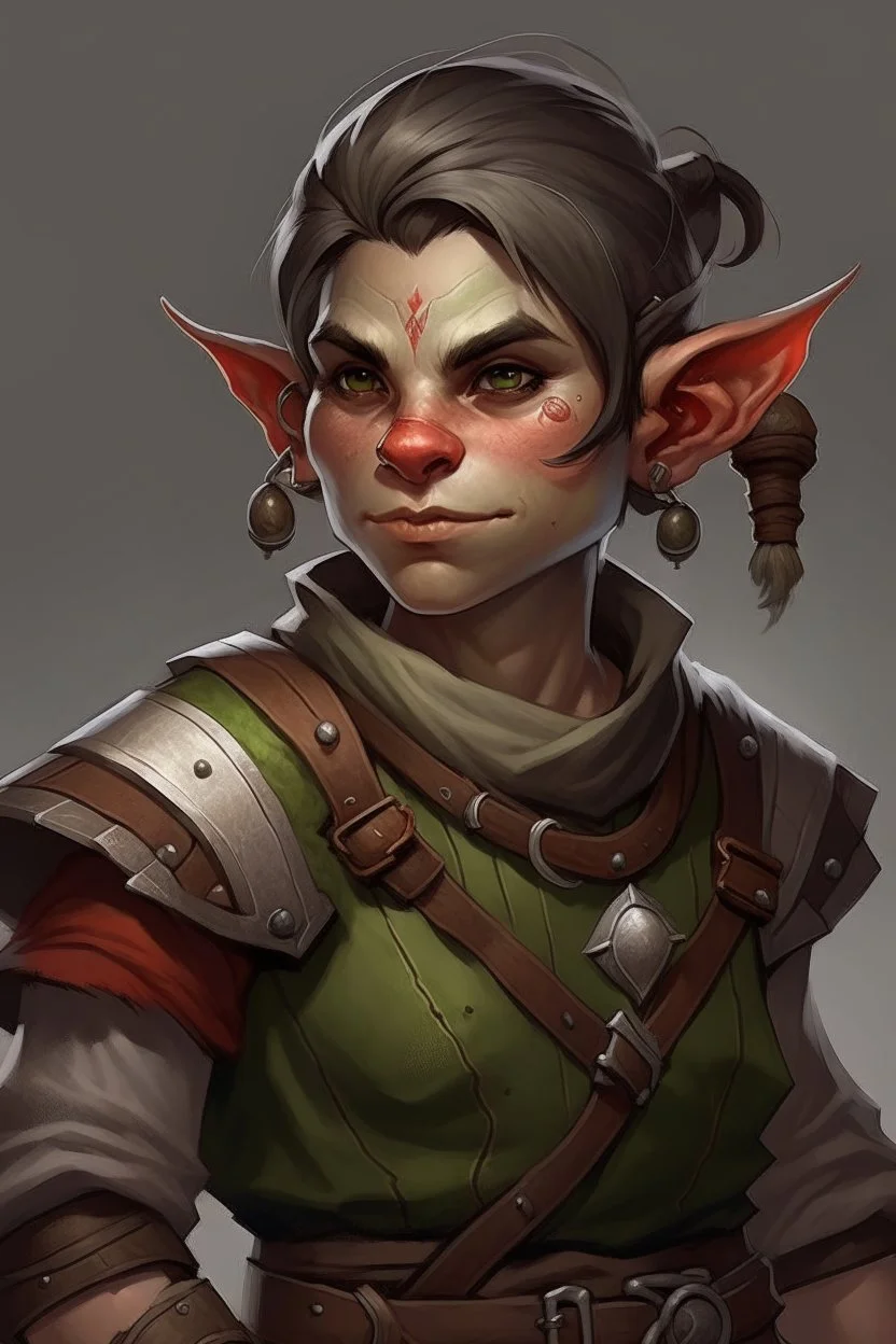 Dungeons and dragons orc tomboy. She has gray skin. She is kind. She is handsome. She has nice eyes. She has short hair. She is strong. She is in a tavern. She has broad shoulders. She has a large jaw. Realistic style