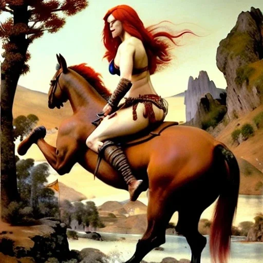 stunningly beautiful, Red Sonja riding a horse, red to orange hair hyper realist, hyper detailed, intricate, awesome, masterpiece, perfectly centered subject, hyper realist shading lighting, greg rutkowski, magali villeneuve, artgerm, wlop, rossdrawsby Andy Warhol, by Camille Corot, by Frida Kahlo, by Katsushika Hokusai, Graphemes, Light Painting, Soviet Art, Technicolor