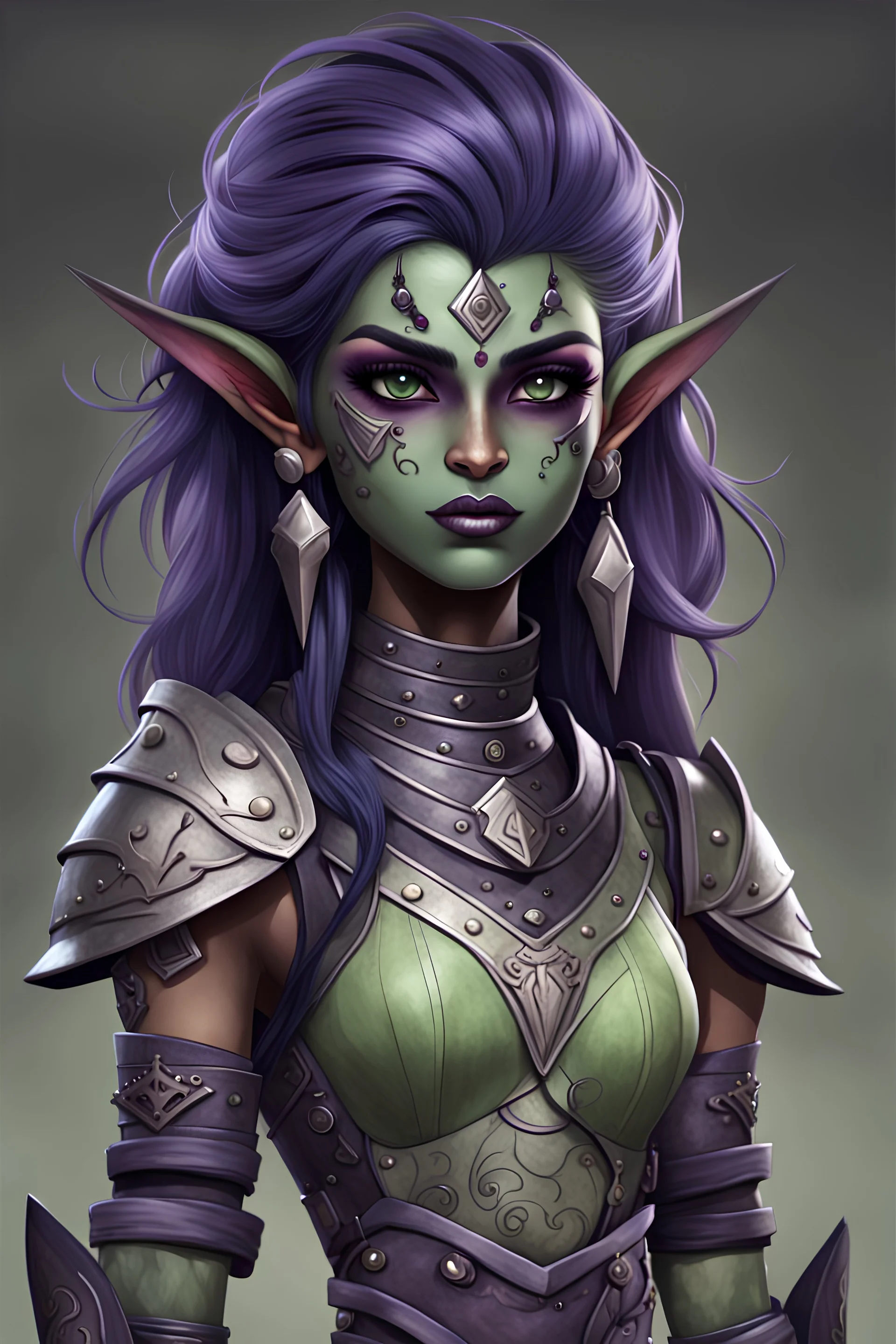 Create a young, perky, female humanoid githyanki. She has pale green skin, big dark purple flowing hair, large dark black eyes, a few facial tatoos, face, pointed ears, dressed in armor.