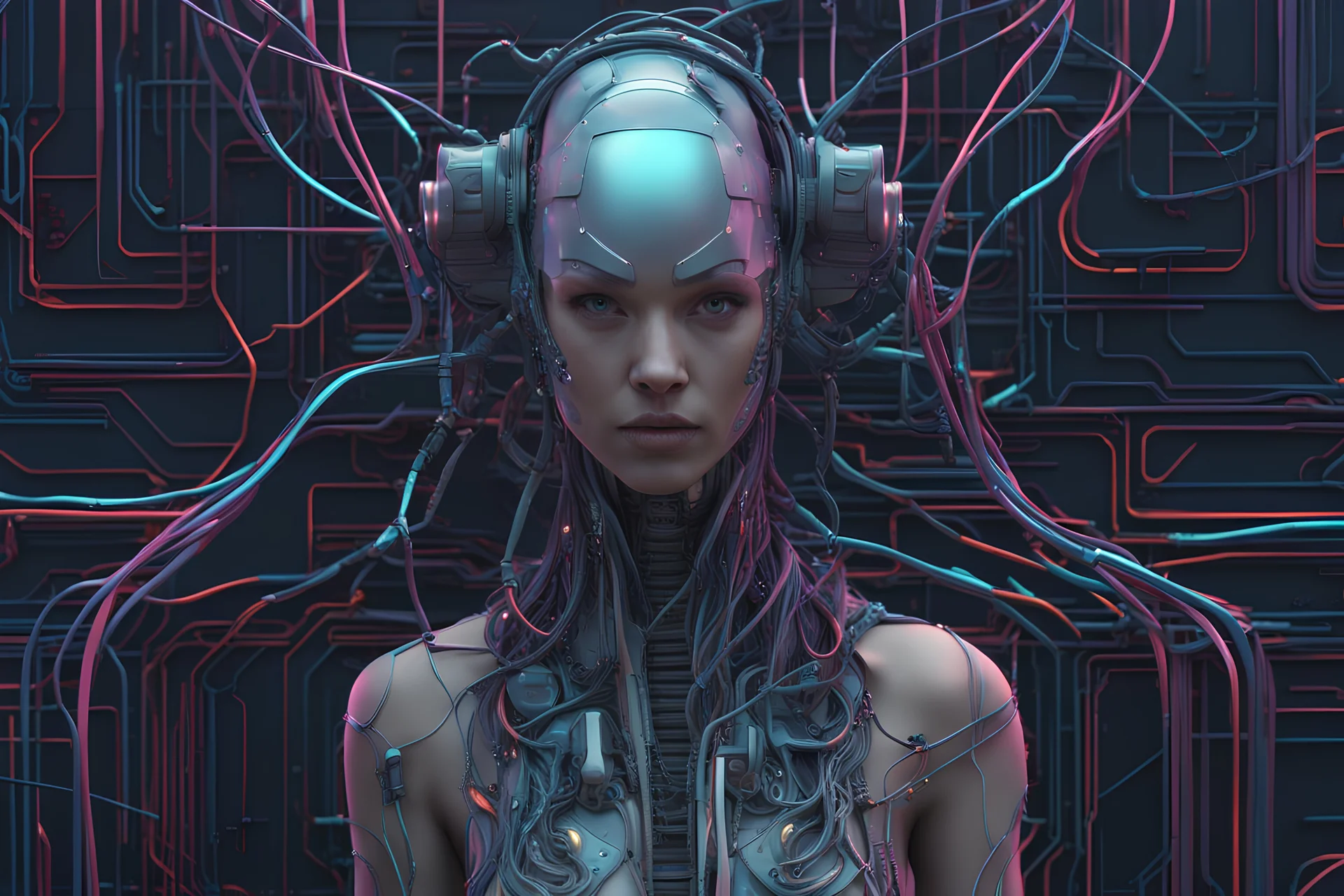 Cyberpunk 3D illustration of female head with some wires over it stock photo, in the style of psychedelic-inspired smooth 3d digital art, exquisite thee-dimensional rendering, 4K, blender, c4d, octane render , disney style 3d light, Zbrush sculpt, high detail realistic cloth, concept art, Zbrush high detail, pinterest Creature Zbrush HD sculpt, neutral lighting, 8k detail