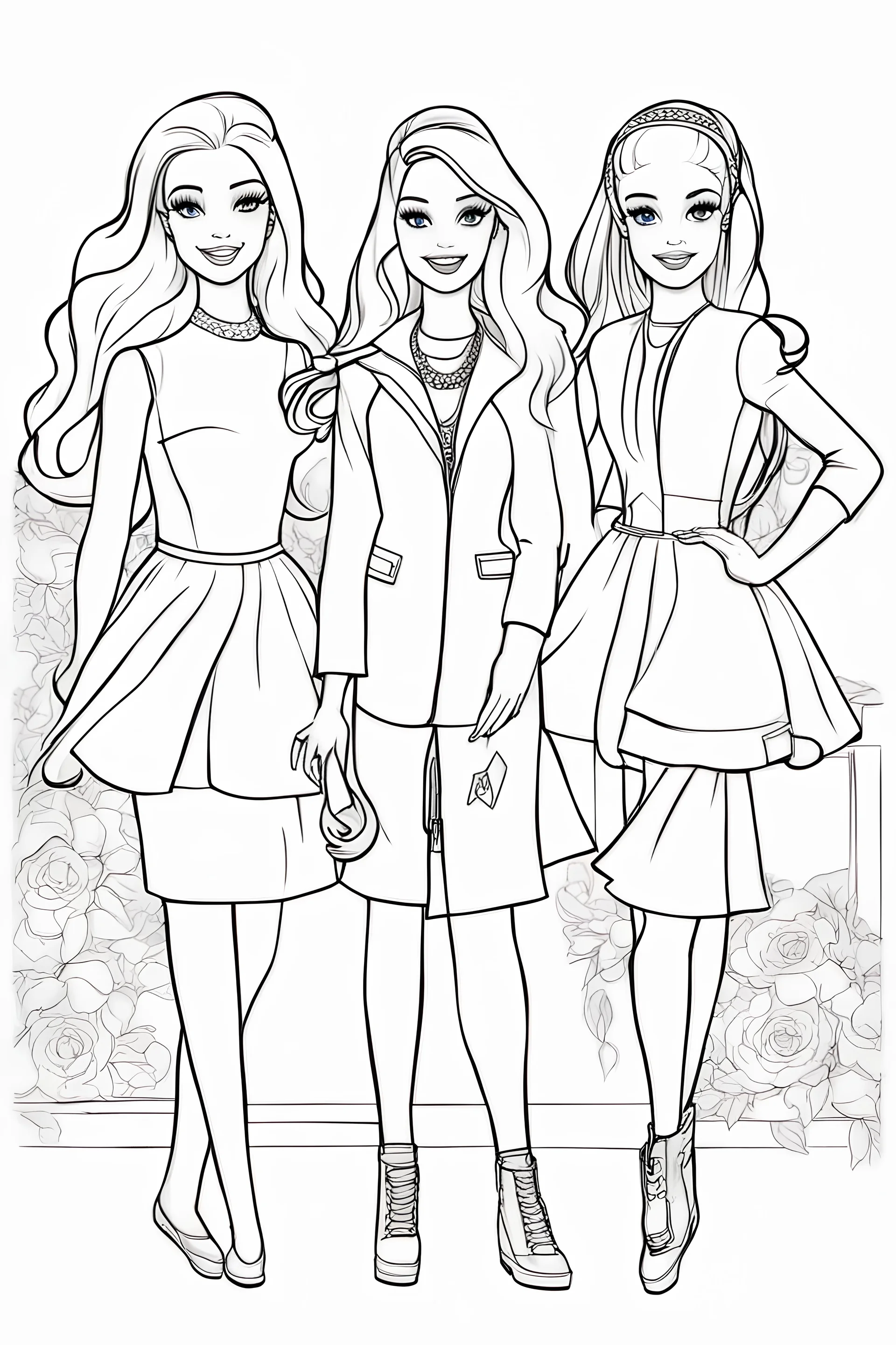 outline art for kids barbie coloring pages with barbie with her 2 friends , no background, sketch style, full body, only use outline, mandala style, clean line art, white background, no shadows and clear and well outlined. should look exactly like barbie