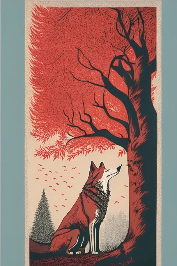 in a cosy vintage style, a wolf marvels at a red tree