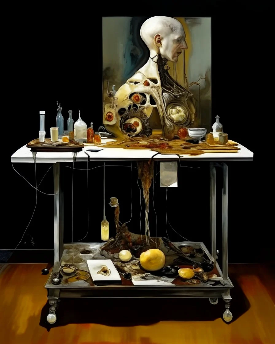 human body, universe-like table,complex surgical instruments mixed with human body-like musical instruments,minimalism,Painting By Adrian Ghenie, Rene Magritte, Salvador Dali, Lucian Freud