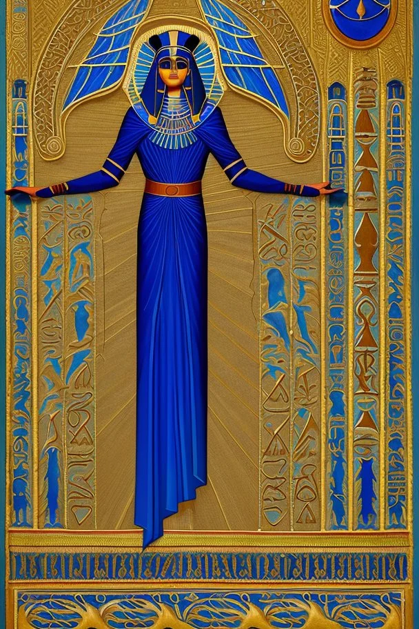 [ancien Egypt, real photography] Clad in a robe of deep cobalt blue, Akkiru's attire seemed to meld seamlessly with the boundless expanse around him. The fabric, adorned with motifs that echoed the rhythmic dance of waves, flowed gracefully in the wind. As he gripped the ship's ornate railing, his fingers - calloused by the duties of leadership - clung with a practiced firmness, a testament to his unwavering grip on the helm of his people's destiny.