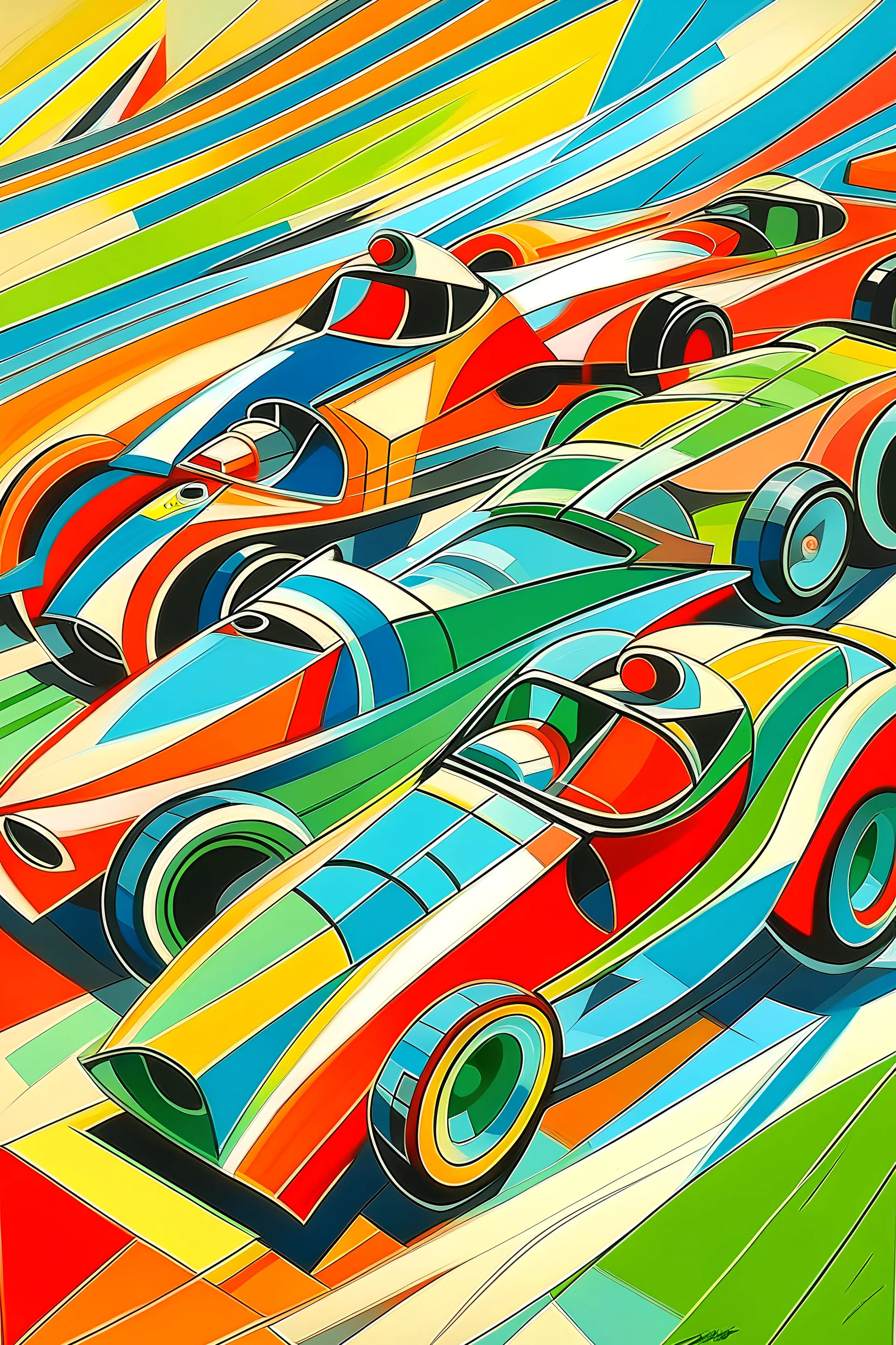 Drawing racing cars In the style of the Cubist school