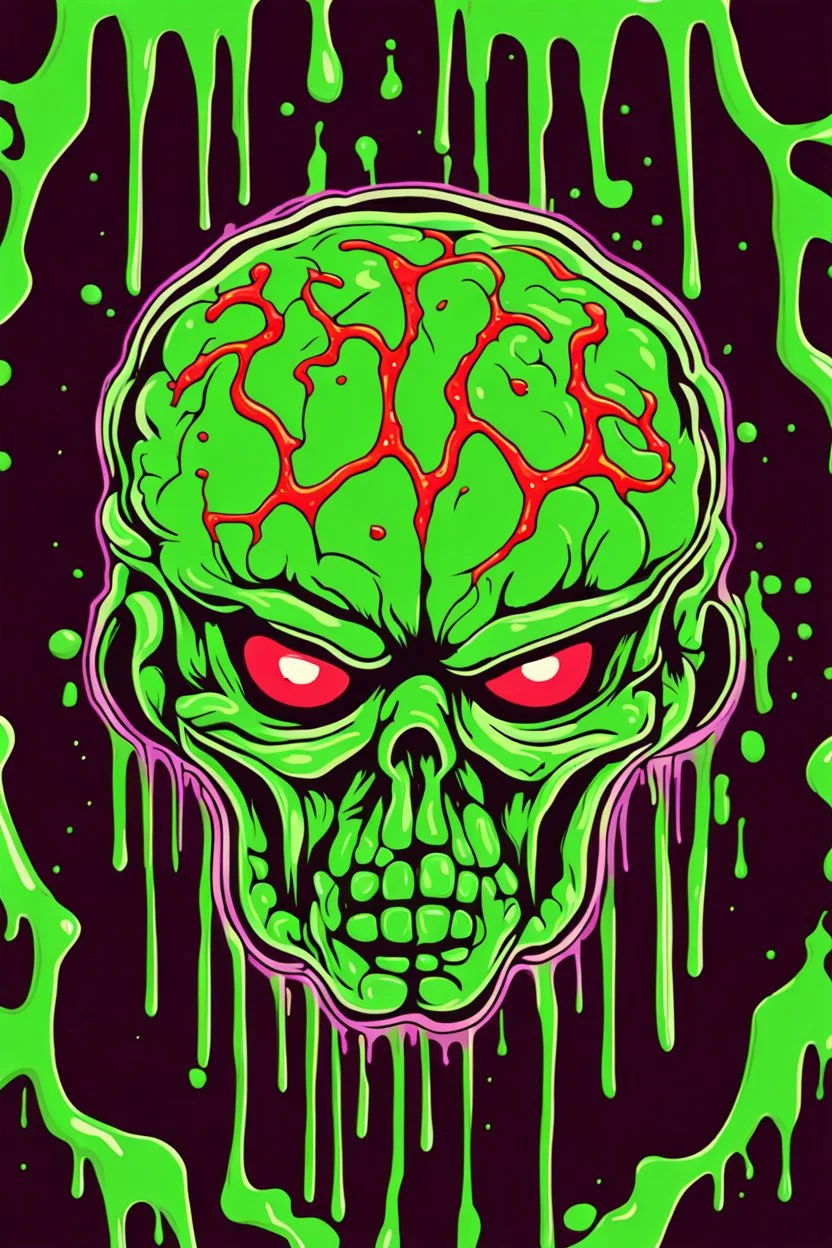 Vintage illustration of a slimey green brain melting, cartoonist animation style, hand drawn, neon lighting, gross art, pop punk, 90s anime inspired, airbrushing, post modern, horror cut, gradient chrome abberations, retro weird drawings, alien brain matter, blood spatter , scifi punk