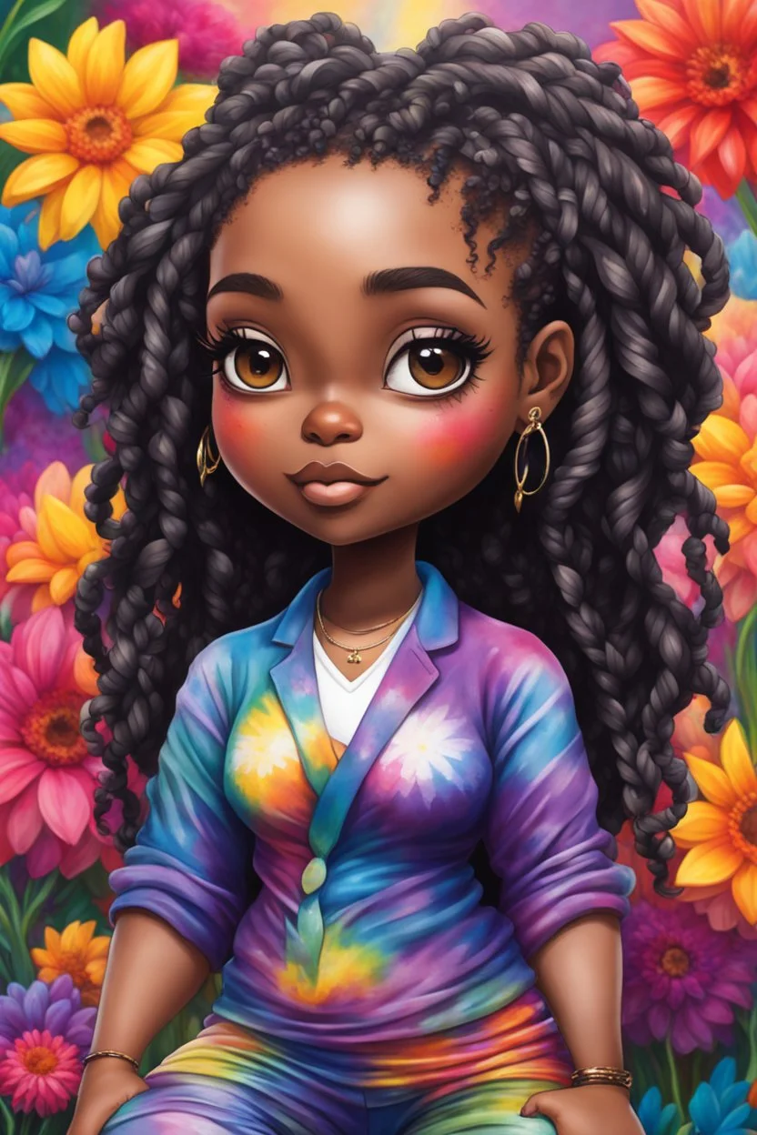 Create an oil painting image of a chibi black curvy female wearing a tie dye yoga outfit. Prominent make up with hazel eyes. Highly detail asymmetrical dread locs. background of colorful large flowers 2k